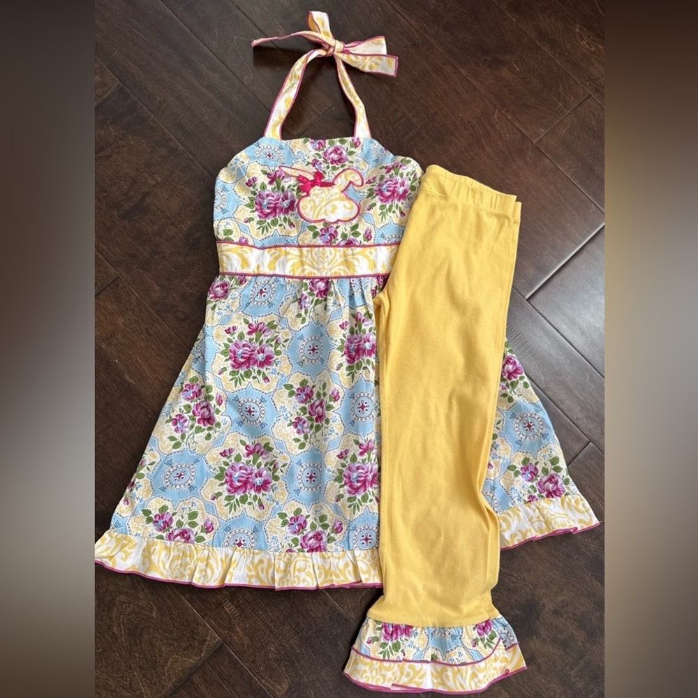 AnnLoren By Jess kids Girls Set Bunny Easter Floral Pink Yellow Blue Size 9/10
